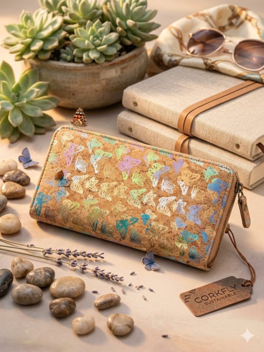 Cork Butterfly Wallet Metallic Multicolor Zip Around Card & Coin Organizer